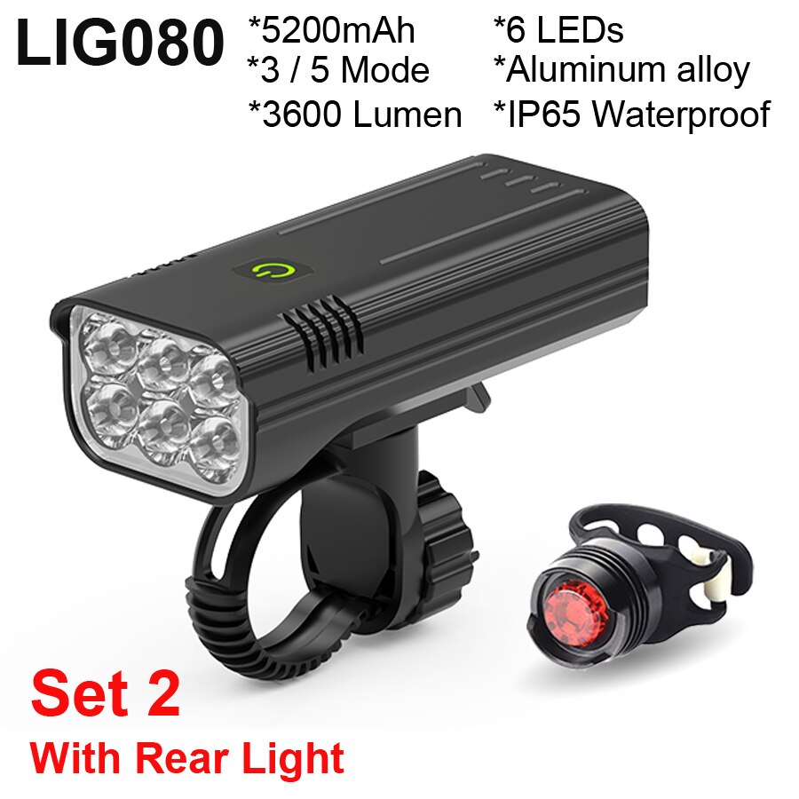 NEWBOLER Luz bicicleta 3600 lúmenes juego de luces de bicicleta MTB a prueba de lluvia recargable por USB con 2 soportes 5200 mAh ciclismo linterna accesorios para bicicleta