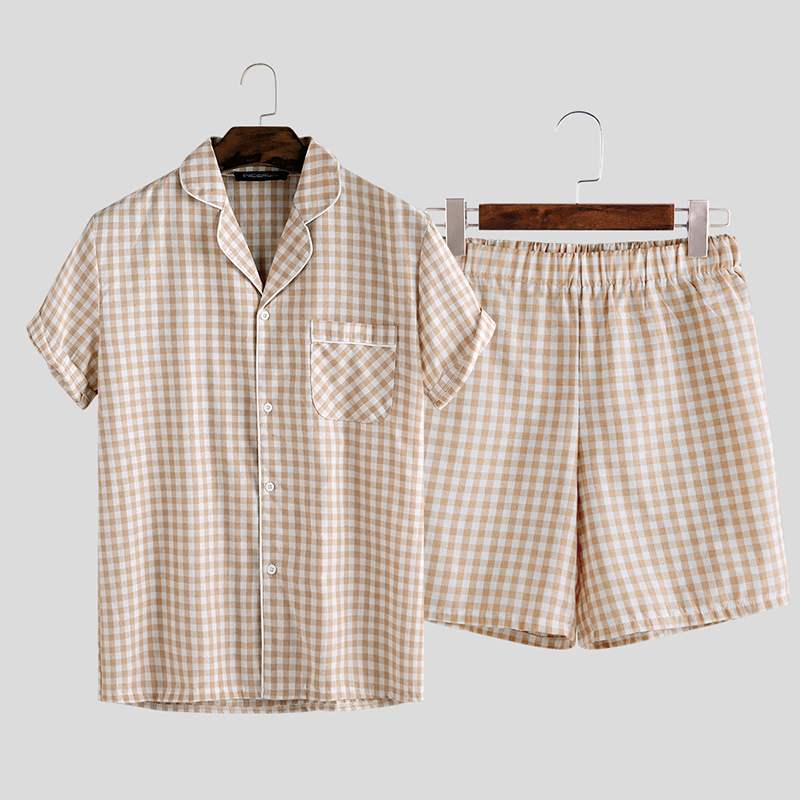 Sommar pyjamas set herr rutig kavaj knapp kortärmad bomull nattkläder toppar shorts mjuka unisex hemkläder pyjamas set incerun: Kaki / Xxxl