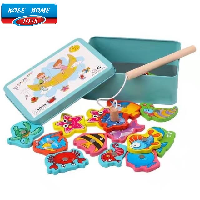 Baby Educational Toys 15Pcs Fish Wooden Magnetic Fishing Toy Set Fish Game Educational Fishing Toy