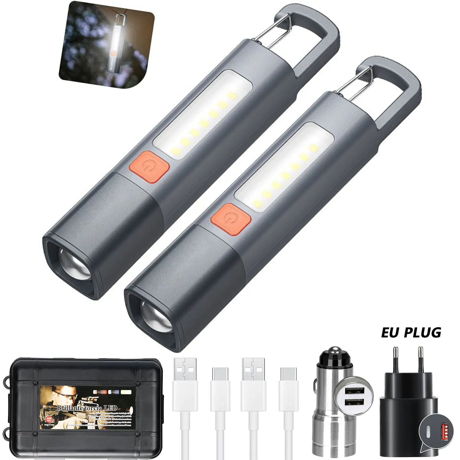 Linterna LED XPE COB, luz lateral, linterna portátil con gancho, luz de Camping, linterna impermeable con zoom recargable por USB: Color blanco cálido
