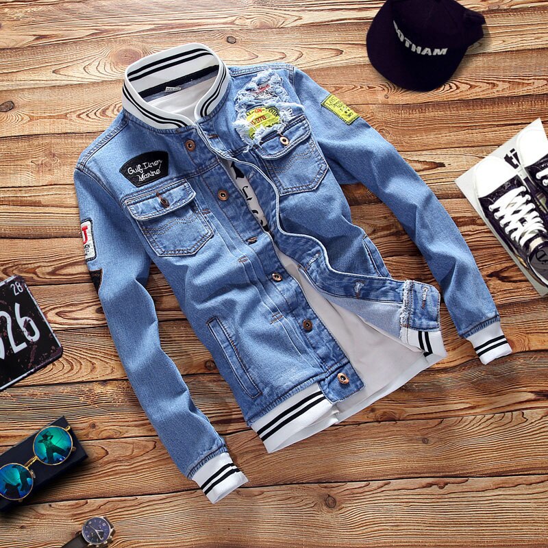 Men's Stand Collar Embroidered Denim Jacket Youth Baseball Collar Hole Patch Denim Jacket