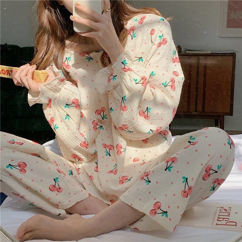 Summer Cotton Pajamas Set For Women Long Sleeve Print Thin Women's Sleepwear Loose Female Nightwear