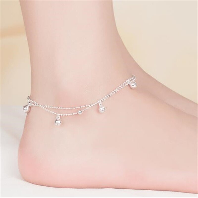 KOFSAC 925 Sterling Silver Anklets For Women Beach Party Cute Beads Chain Bells Bracelets Foot Jewelry Girl