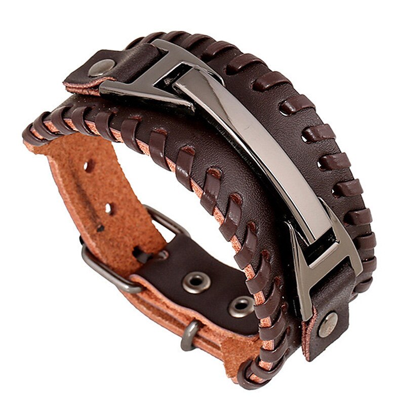 Zorcvens 2022 Vintage Punk Lederen Armband 2 Kleur Black &amp; Brown Gesp Multilayer Gevlochten Touw Armband Voor Mannen Sieraden: 82150