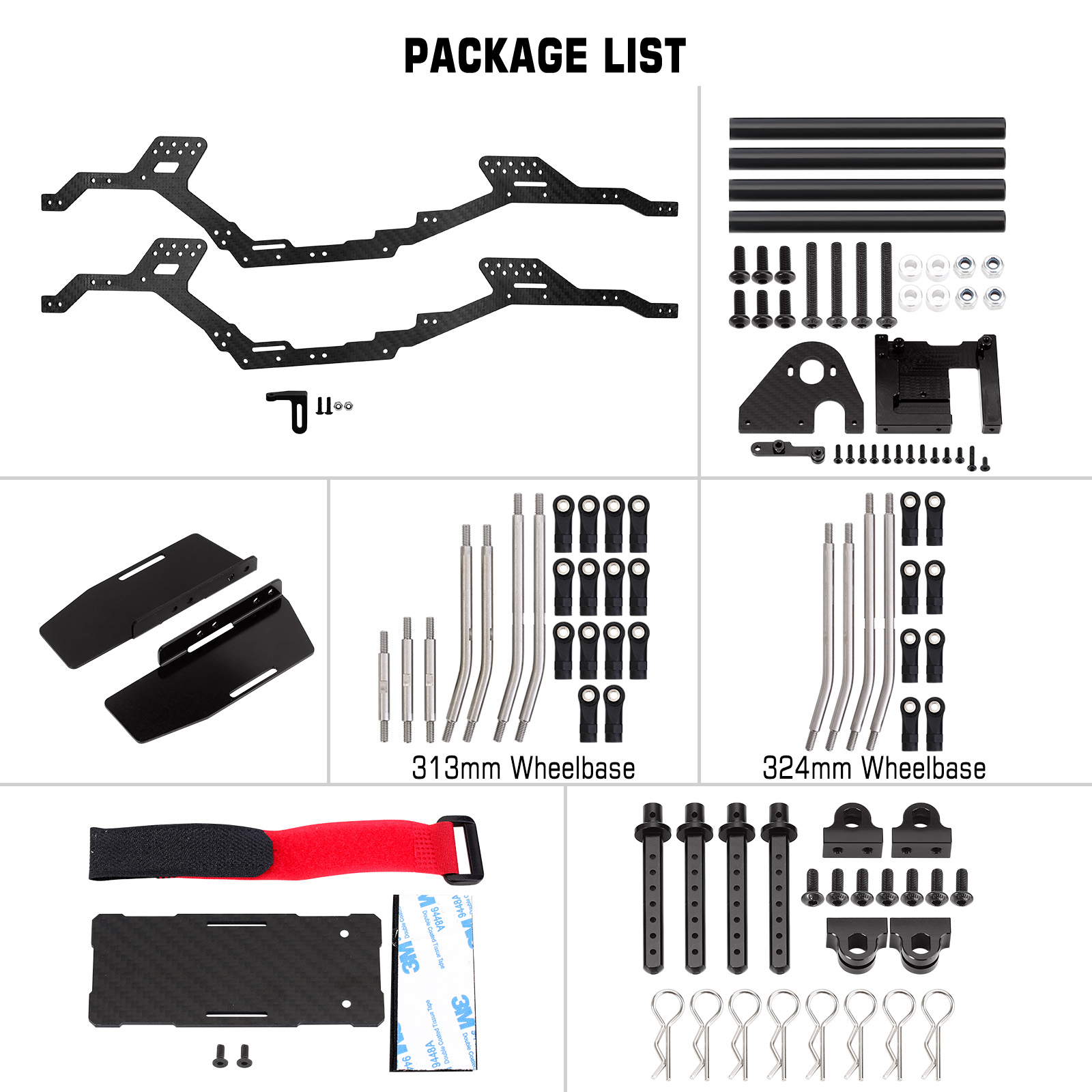 INJORA-Kit de chasis de fibra de carbono LCG, distancia entre ejes de 313/324mm, viga de marco para 1/10 RC Crawler TRX4, piezas de mejora