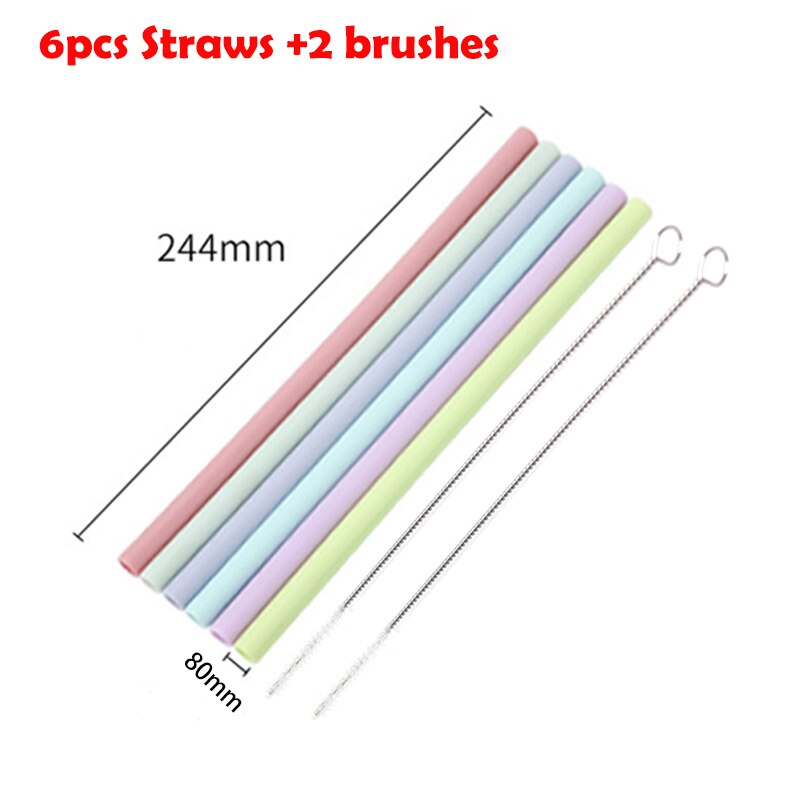 6Pcs Reusable Silicone Drinking Straws Drinkware Kawaii Accessories Eco Friendly Products With Cleaning Brushes Party Straws: Random color D