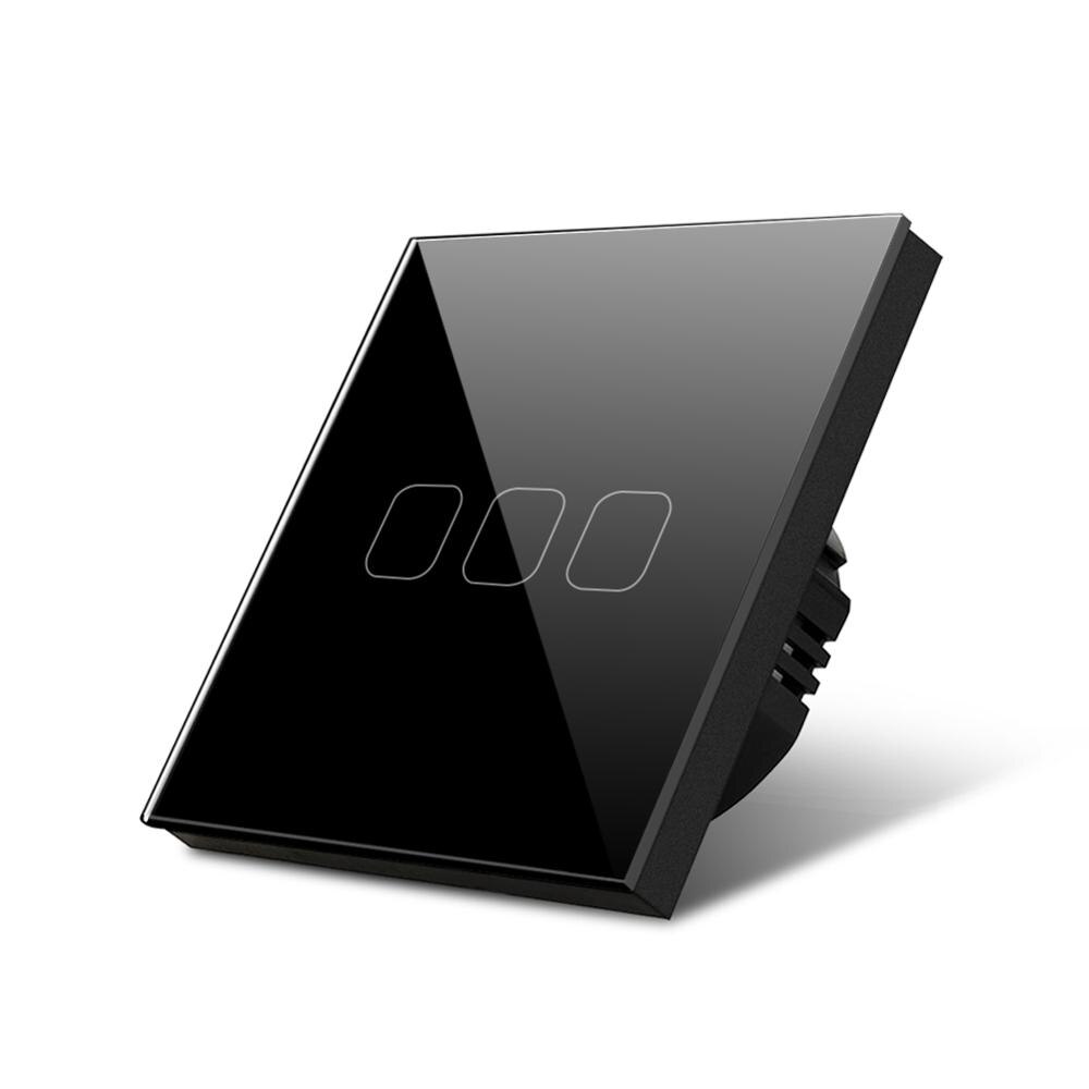 Touch Switch EU/UK standard Crystal Glass Panel Touch Switch, 220V 1/2/3 Gang 1 Way LED Light lamp Wall Touch Screen Interruptor: 3 Gang 1 Way Black