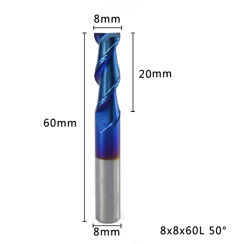 XCAN 1pc 1-12mm Nano bleu revêtement 2 flûte fraise en bout plat 50 degrés carbure fraise en bout CNC routeur fraise en bout: 8x8x60L
