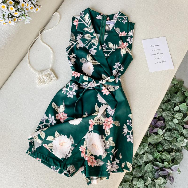 Sommer bukser dame jumpsuit ærmeløs print slim casaul bodysuit dame strand jumpsuit kort: 3