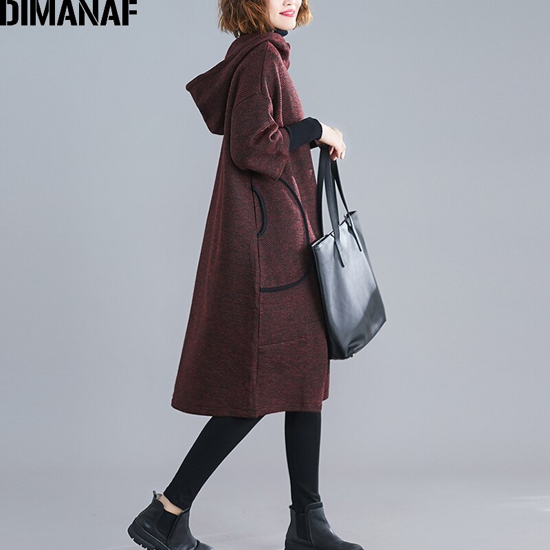 DIMANAF Plus Size Vrouwen Jurk Vintage Herfst Winter Dikke Oversized Losse Vrouwelijke Vestidos Casual Capuchon Zakken Knielange Jurk: 188XXJ8175-hong / L