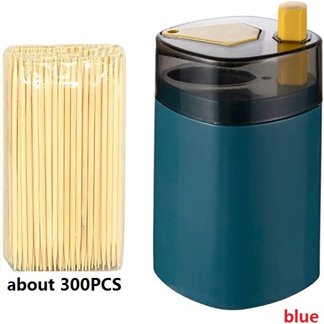 Toothpick Holder Dispensers, Pop-Up Automatic Tooth Pick Dispenser for Kitchen Restaurant Thickening Toothpicks Container Pocket: blue(300 toothpicks)