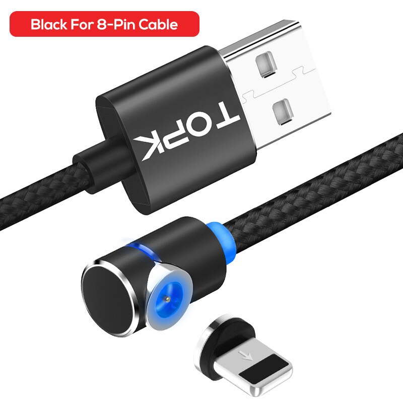 Topk AM30 Magnetische Oplaadkabel, 90 Graden Led Kabel Voor Iphone 11X8 7 6 Plus & Micro Usb Kabel & Usb Type-C Usb C Kabel: Black 8-Pin Cable / 2M