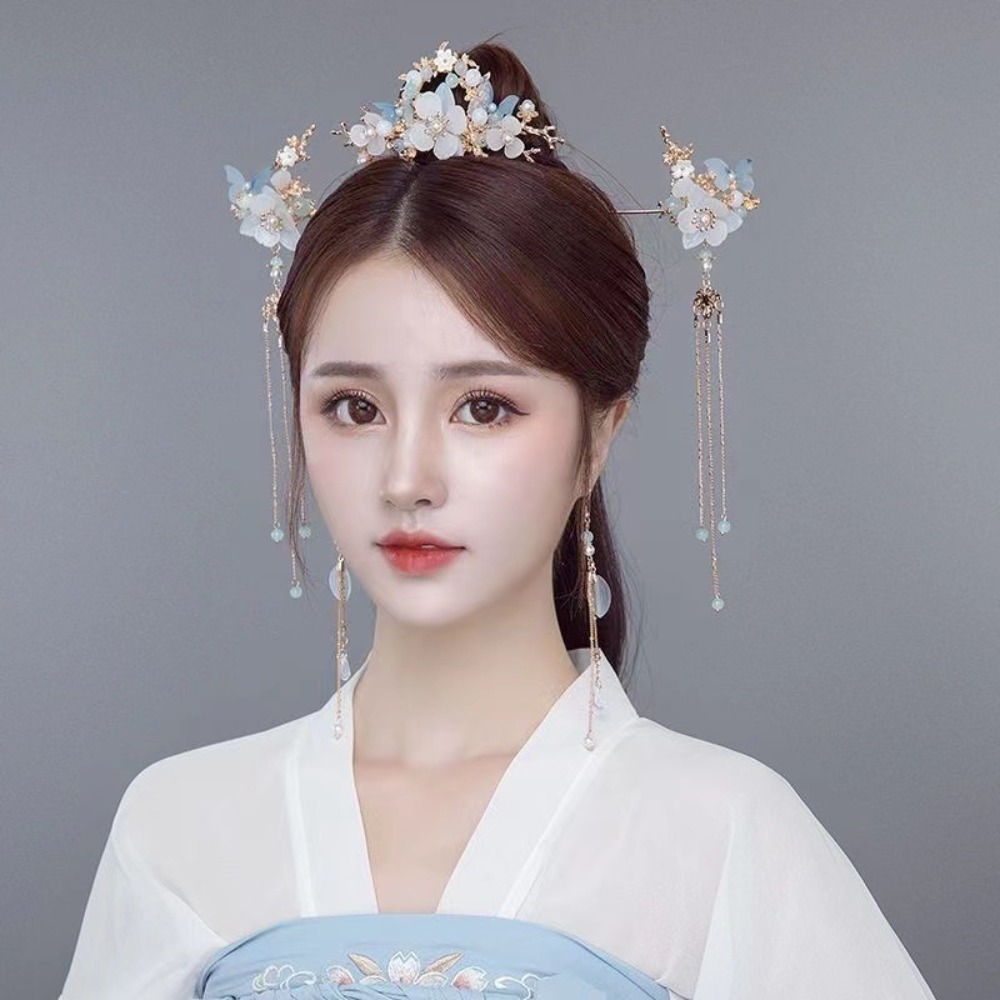 Klassisk blomster kinesisk stil hårnålesæt kvast til boller hanfu hårpind perler hovedbeklædning sommerfugl hårkam kvinder