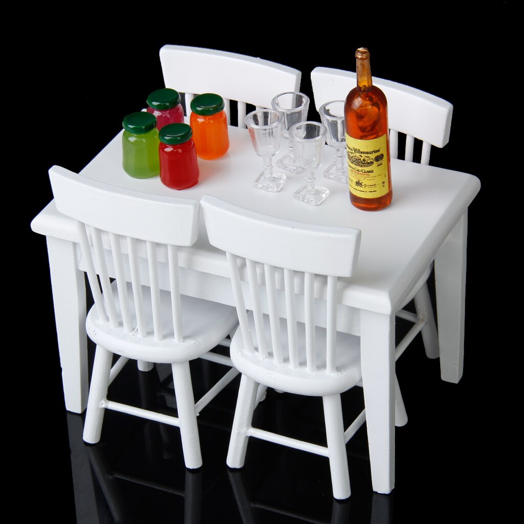 1/12 Dollhouse Modern Sense Kitchen Decor Refrigerator & White 5pcs Table Chair Set Accessories