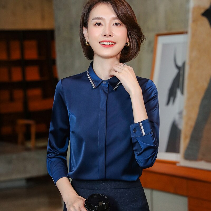 Navy Blue Satin Chiffon Shirt Women Spring Simple Tops Long Sleeve High End Formal Work Blouses White: Navy blue / L