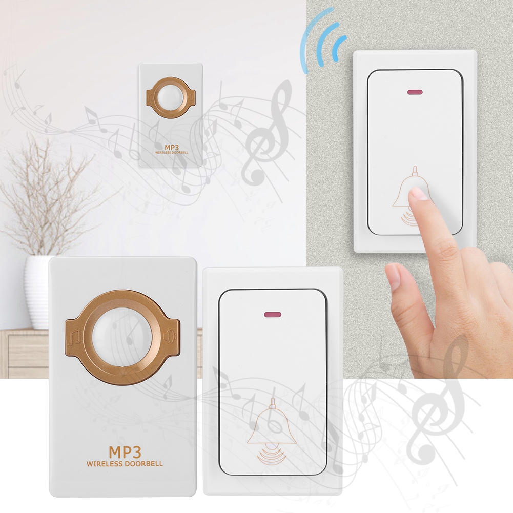 Juego de timbre MP3 inalámbrico con botón remoto autoalimentado + enchufe estadounidense del receptor 100-240V