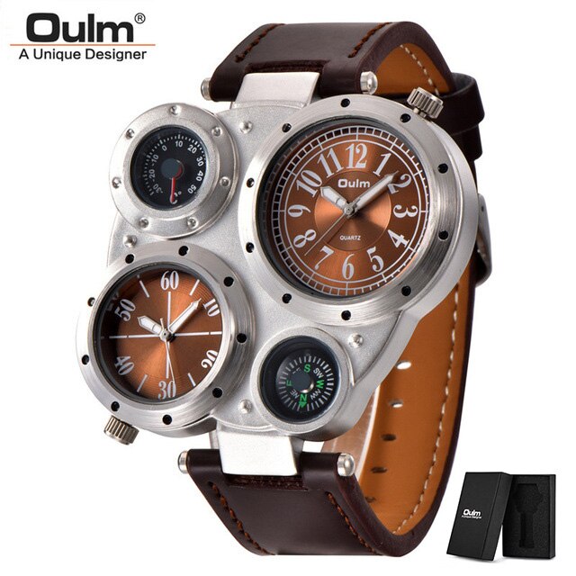 Oulm 9415 Mannen Horloges Twee Tijdzone Sport Quartz Mannen Horloge Kompas Decoratie Mannelijke Lederen Horloge: brown(with box)