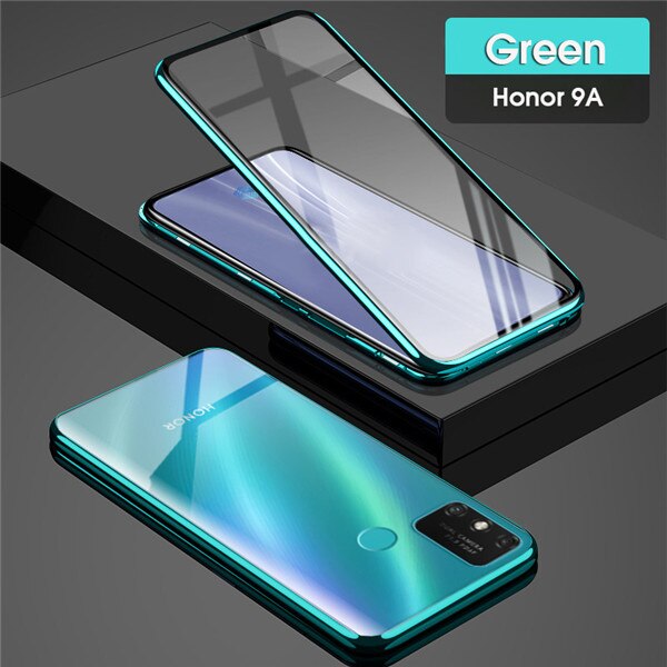 Magnetic Metal Case For Huawei Honor 9A Case Double Side Tempered Glass Cover Honor Play 9A 9 A Phone Case 360° Full Protection: Honor 9A / green