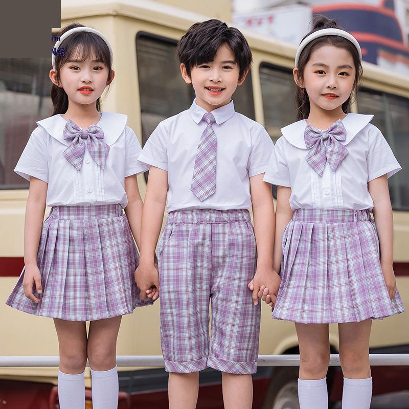 Girls Boys Primary School Uniform Set Children Jk Summer Academy Performance Class Plaid Pleated Skirt Short Sleeve Shirt Suit