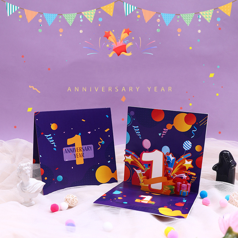 3D Handmade Colorful Print Cartoon First Anniversary Day Paper Invitation Greeting Cards Wedding Employee