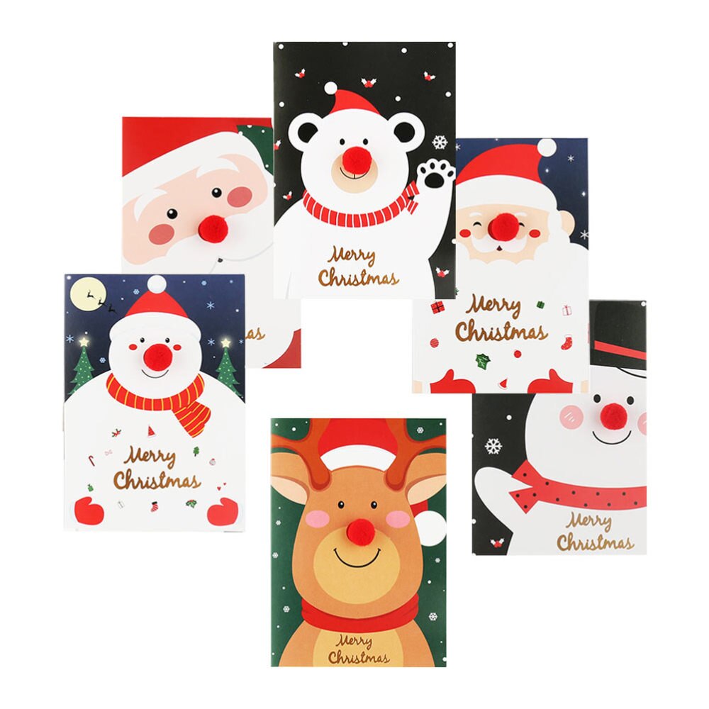 6 Stuks Kerst Wenskaarten 3D Rode Neus Wenskaarten Met Envelop