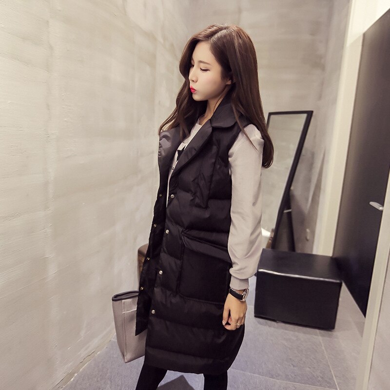 Yasuguoji Mode Enkele Breasted Vrouwen Winter Vest Dikker Mouwloze Jas Vrouwen Turn-Down Kraag Lange Vest Vrouwen: black / L