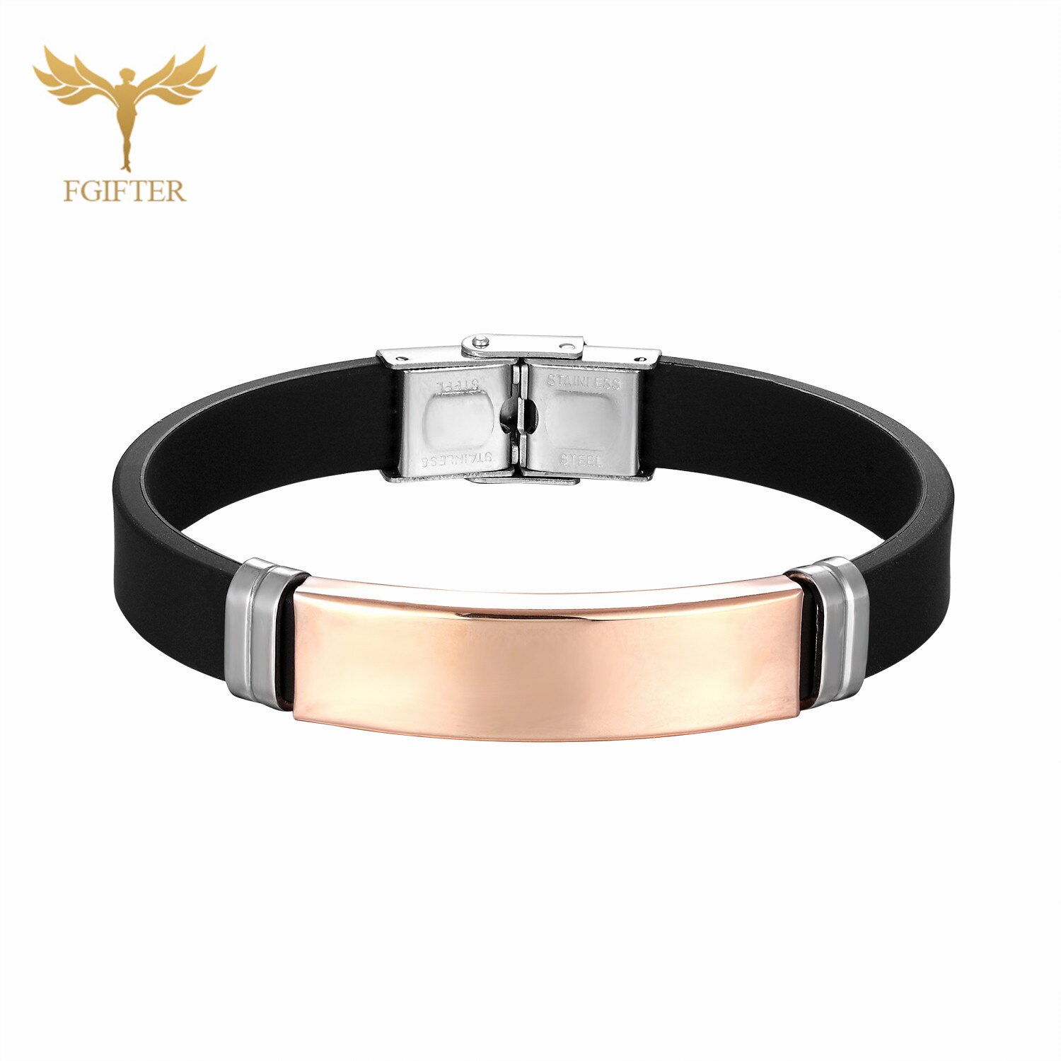 Initial Armband Unisex Sieraden Roestvrij Stalen Gesp Siliconen Armband Mannen Women'saccessories: Rose Gold / 18.5cm