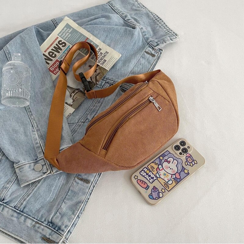 Marsupio in velluto a coste da donna borsa a tracolla con cerniera Casual borsa da viaggio sportiva semplice da viaggio borsa da cintura moda telefono marsupio