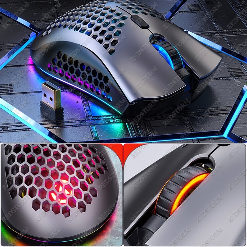 REDSTORM-ratón inalámbrico A3 para videojuegos, Mouse óptico retroiluminado RGB para ordenador portátil y PC