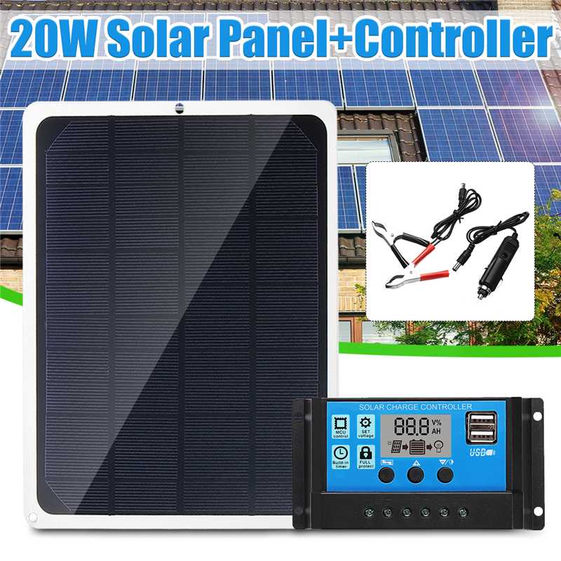 Solar Panel 20W 12V USB with Car Charger Crocodile clip + 10/20/30/40/50A USB Solar Charger Controller for Outdoor Camping