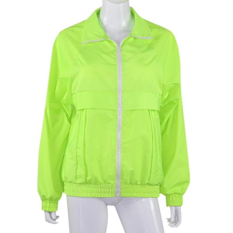 frauen Neon- Jacken Und Mäntel fluoreszierend Grün Herbst Neue Lange Ärmel Reißverschluss Jacken verlieren aktiv Beiläufige Mäntel