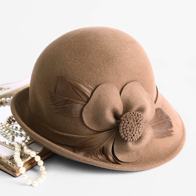 Beckyruiwu up-turn brim flower 100%  uldfilt hatte dame banket formel uld fedora hat