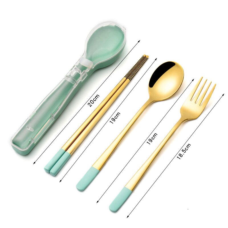 304 Stainless Steel Chopsticks Spoon fork Set Cutlery Set Flatware Set Tableware Soup Spoon Portable Cultery With Box: Green gold-3PCS