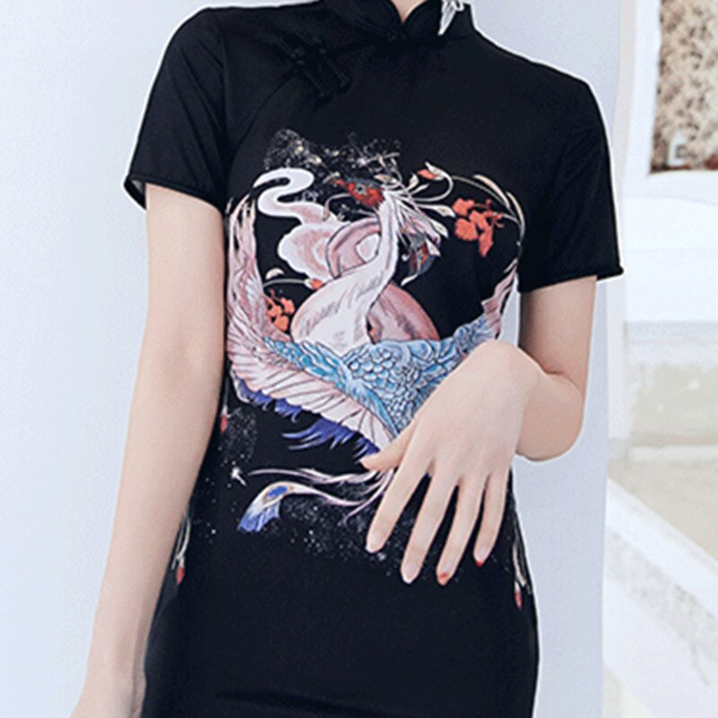 Cheongsam negro moderno vestido chino de verano Qipao rojo coronado dibujo de calavera ropa tradicional de talla grande Vestidos