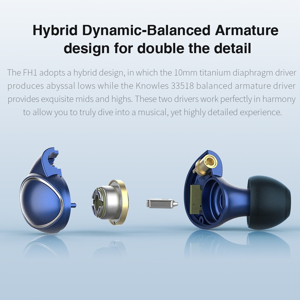 Fiio  fh1 dual driver hybrid in-ear hovedtelefoner/øretelefoner med android kompatibel mikrofon og fjernbetjening