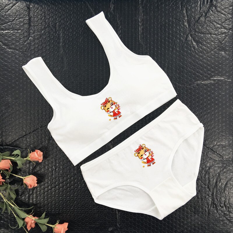 Cotton Girl Solid Color Bra Student Girl Puberty Bra + Panty Suit U-shaped Thin Belt Small Vest Wrap Chest 8-16Y