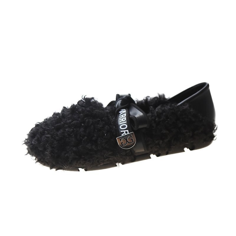 Bont Vrouwen Voor Schoenen Pluche Warm Houden Platte Schoenen Vrouwen Casual Gesp Loafers Bont Schoenen Vrouw Zapatos De Mujer Dames katoenen Schoenen: Black / 36