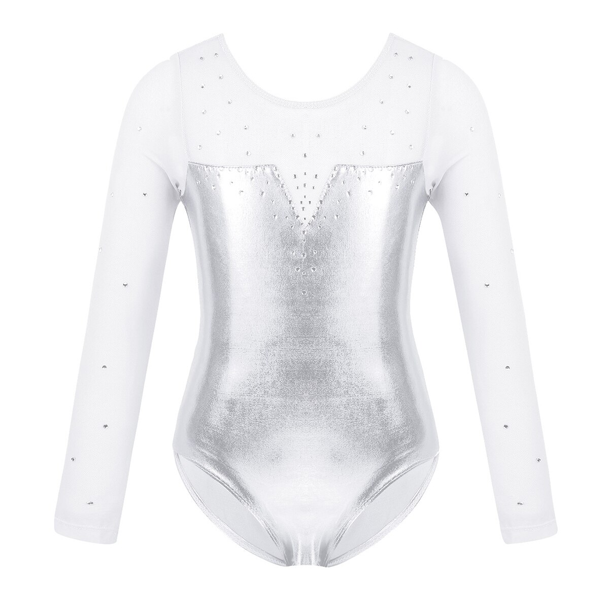 Sparkle Girls Tulle Long Sleeve Gymnastics Leotard Bodysuit Rhinestone Metallic Ballet Leotard Kids Practice Stage Dance Costume: Silver / 12