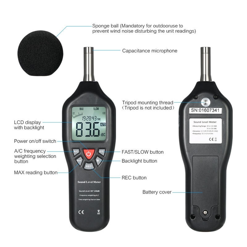 Gtbl 30-130db lcd lydniveau decibel meter logger tester støj måling tid display auto off opsætning med data logning funktion