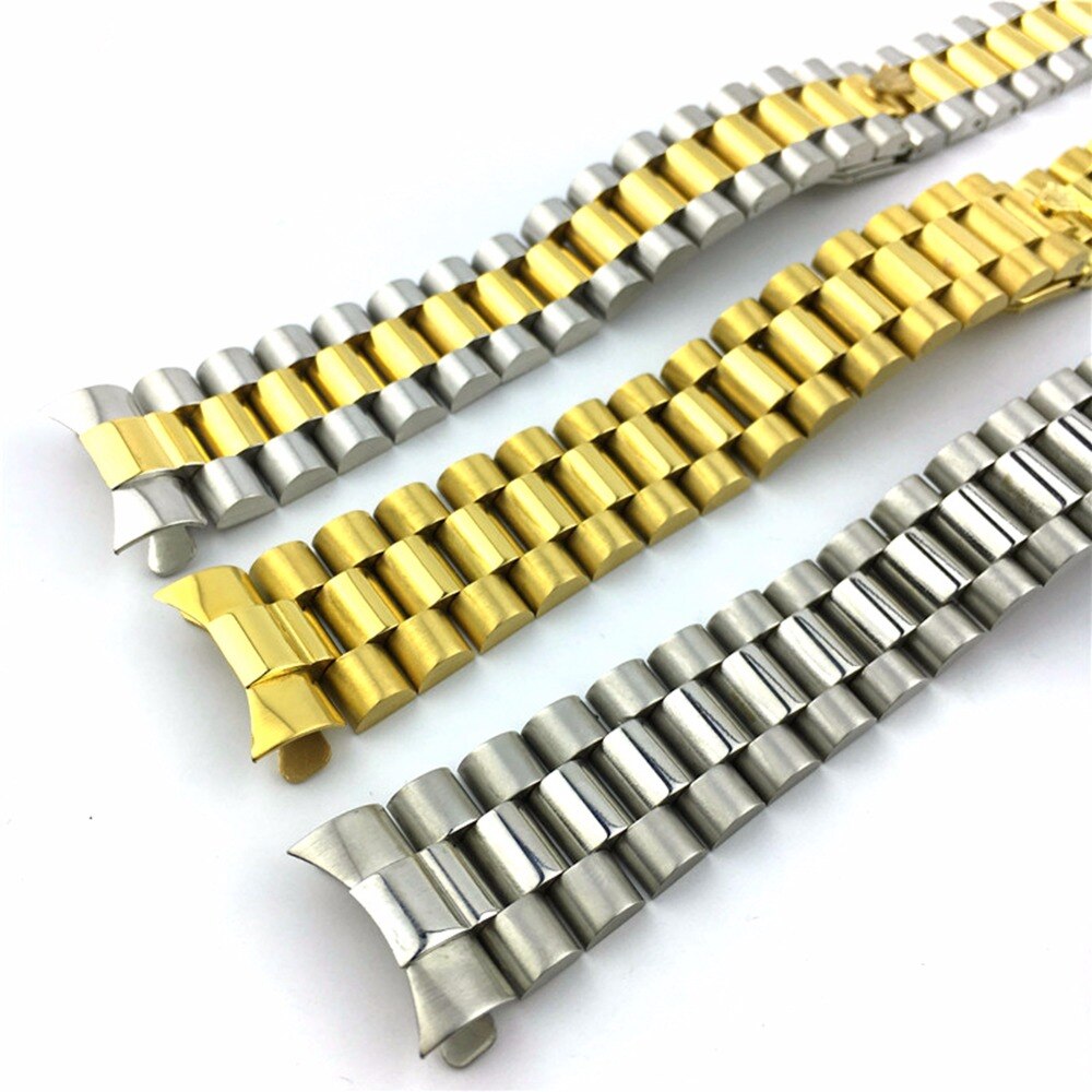 20mm Gold Nahen Gold Silber Uhr Band Gurt Solide Edelstahl gebogen Ende Präsident stil Armbinde Armbinde Gürtel Armbinde