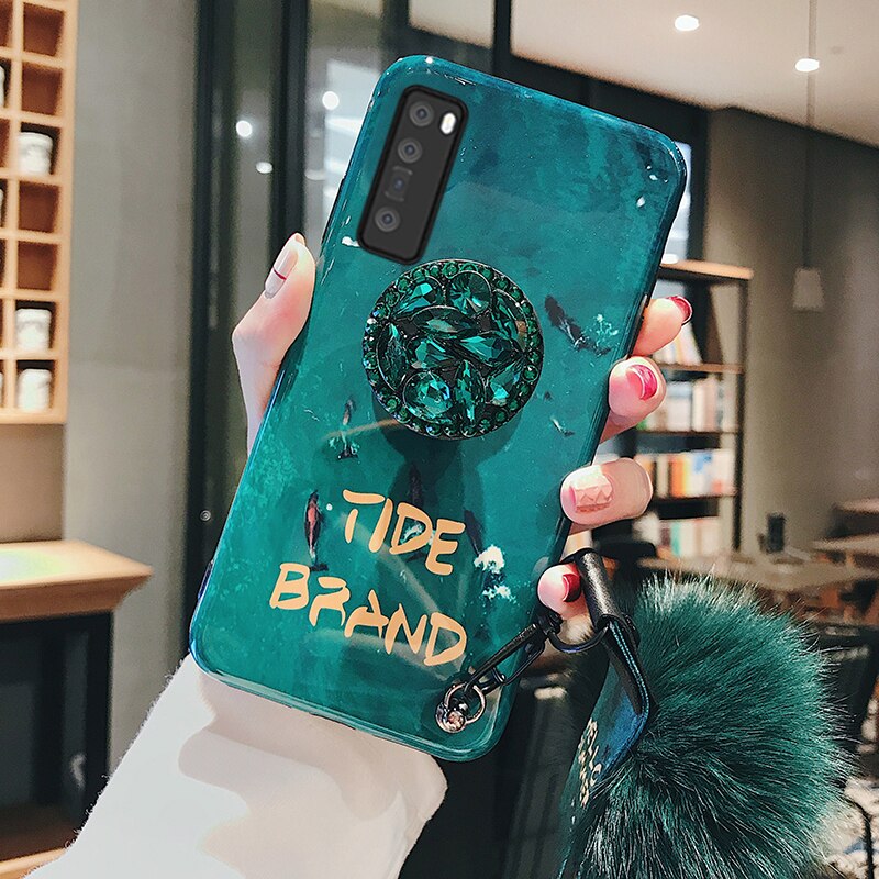 For Huawei Y8P Y7P Y6P Y5P Case Green Rhinestone Ring Holder Silicon Soft Case Y8P Y7P Y6P Y5P Back Cover With Hairball