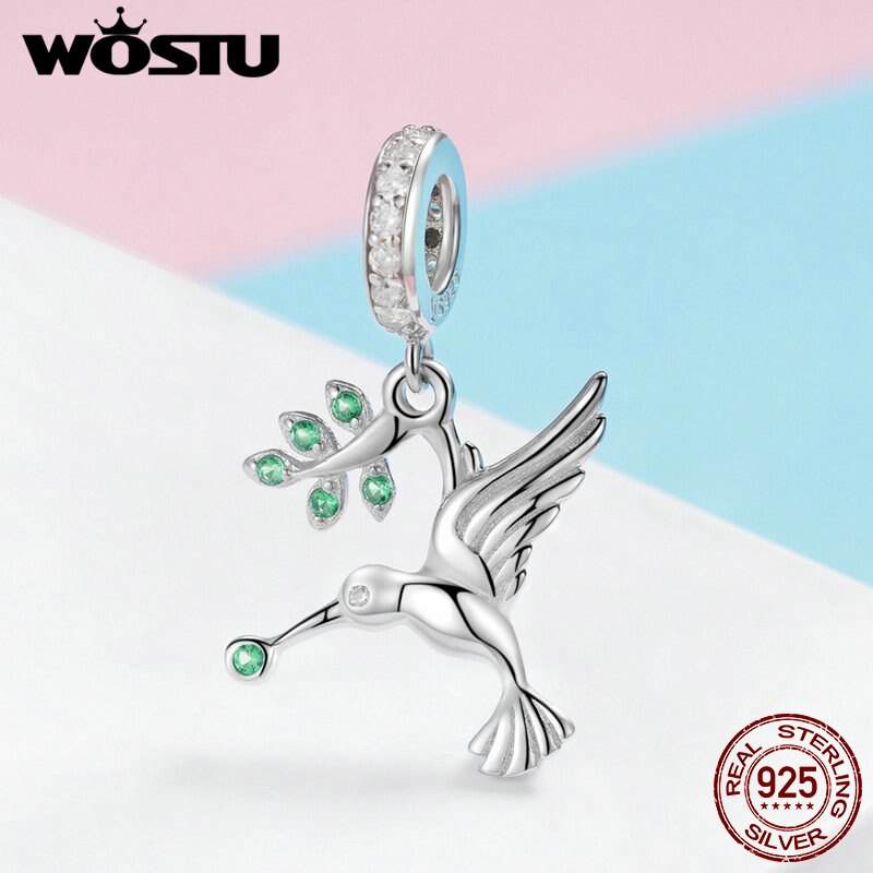Pingente pássaro prata esterlina 925 wostu folha pecks pingente folha verde para pulseira &amp; colar fic426
