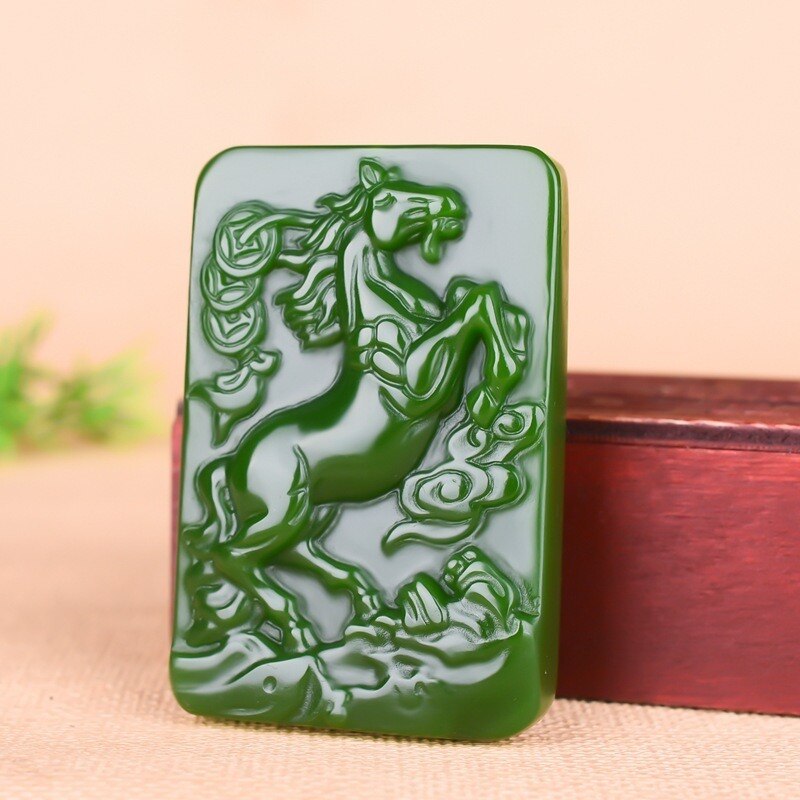 Zodiac Horse Green Jade Pendant Necklace Chinese Hand-Carved Natural Charm Jewelry Amulet Accessories for Men Women