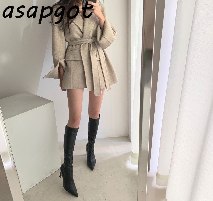 Abrigo con cinturón de invierno para mujer, Chaquetas de manga larga de solapa gruesa informal, holgada, de lana, Estilo Vintage,