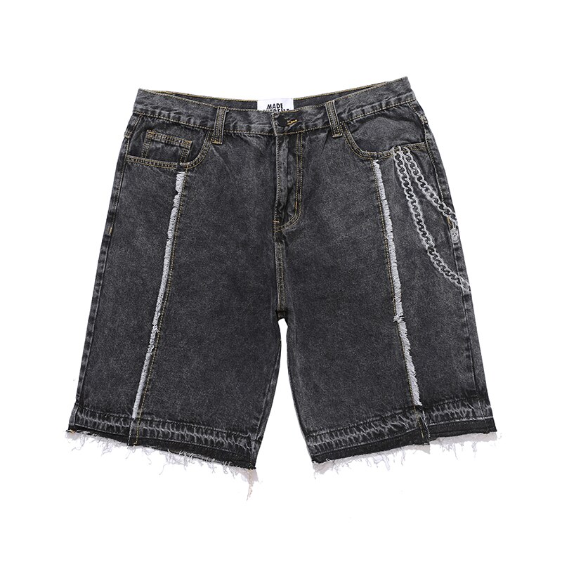 Harajuku High Street Loose Straight Necklace Print Jeans Shorts Men and Women Wide Leg Frayed Hip Hop Denim Shorts Oversize