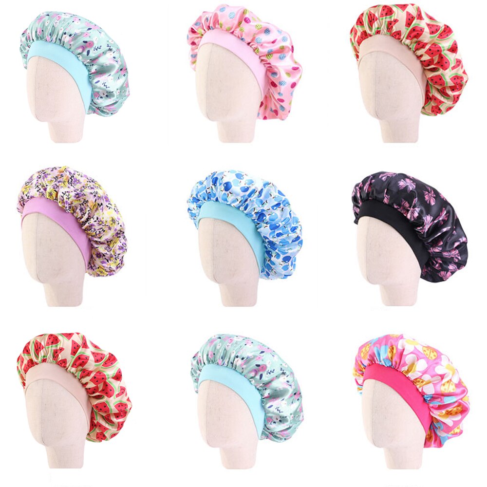 Cute Pattern Kids Satin Sleep Cap Bonnet Flower Printed Night Cap Turban Chemo Hat Girl's Wide Elastic Band Night Sleep Cap