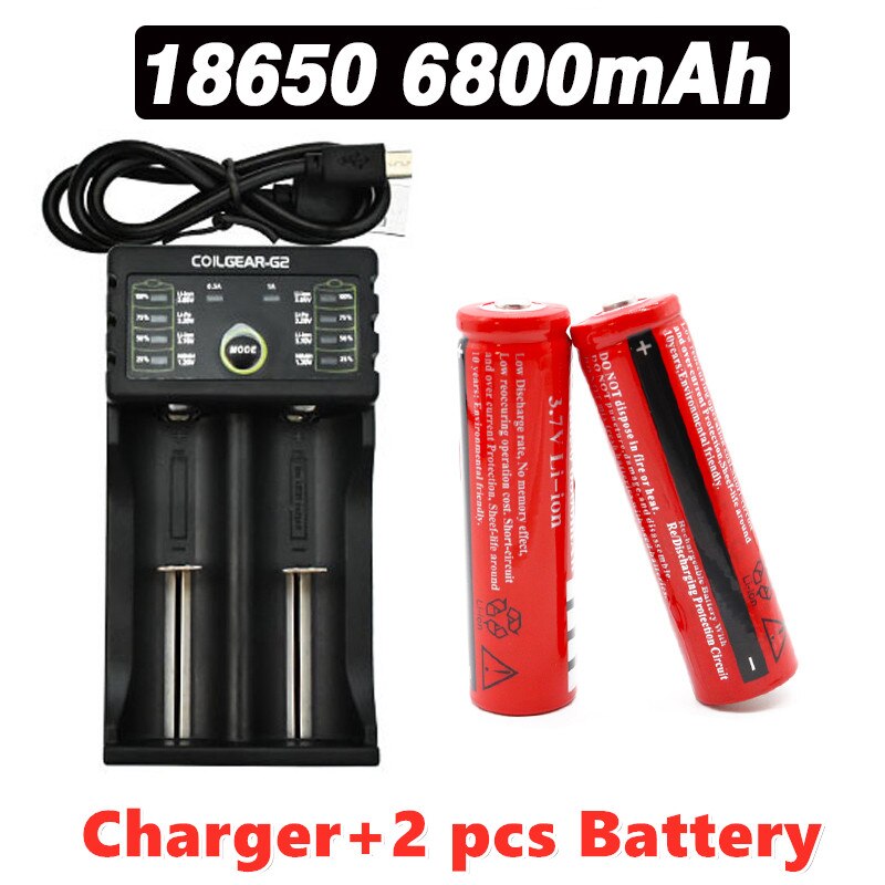 100% 18650 akkua 3,7 v 6800 mah ladattavaa litiumioniakkua led-taskulamppuihin litiumakku: 2 kpl