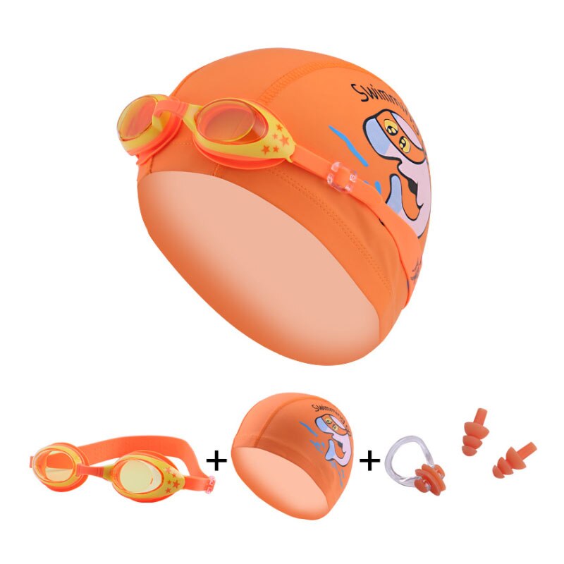 Børn svømmebriller silikone hajhætter dykkerbriller ørepropp næse sæt vandtæt børn svømme pool briller dreng pige: Orange delfin