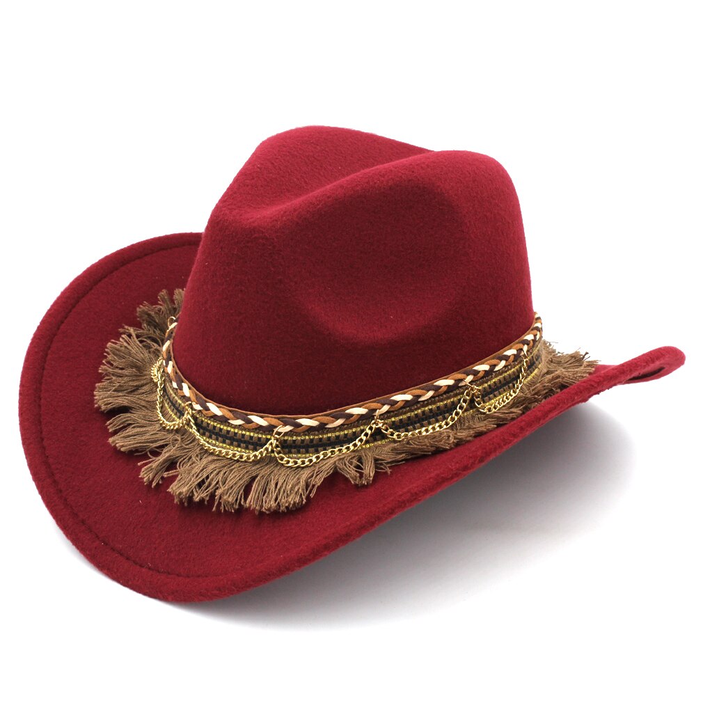 Mistdawn-sombrero vaquero occidental para mujer, gorra de disfraz de vaquera, visera ancha de lana, banda trenzada, talla 56-58cm, BBG: Wine Red