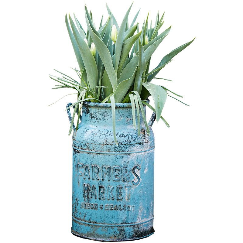 rustic blue metal milk can flower arrangements